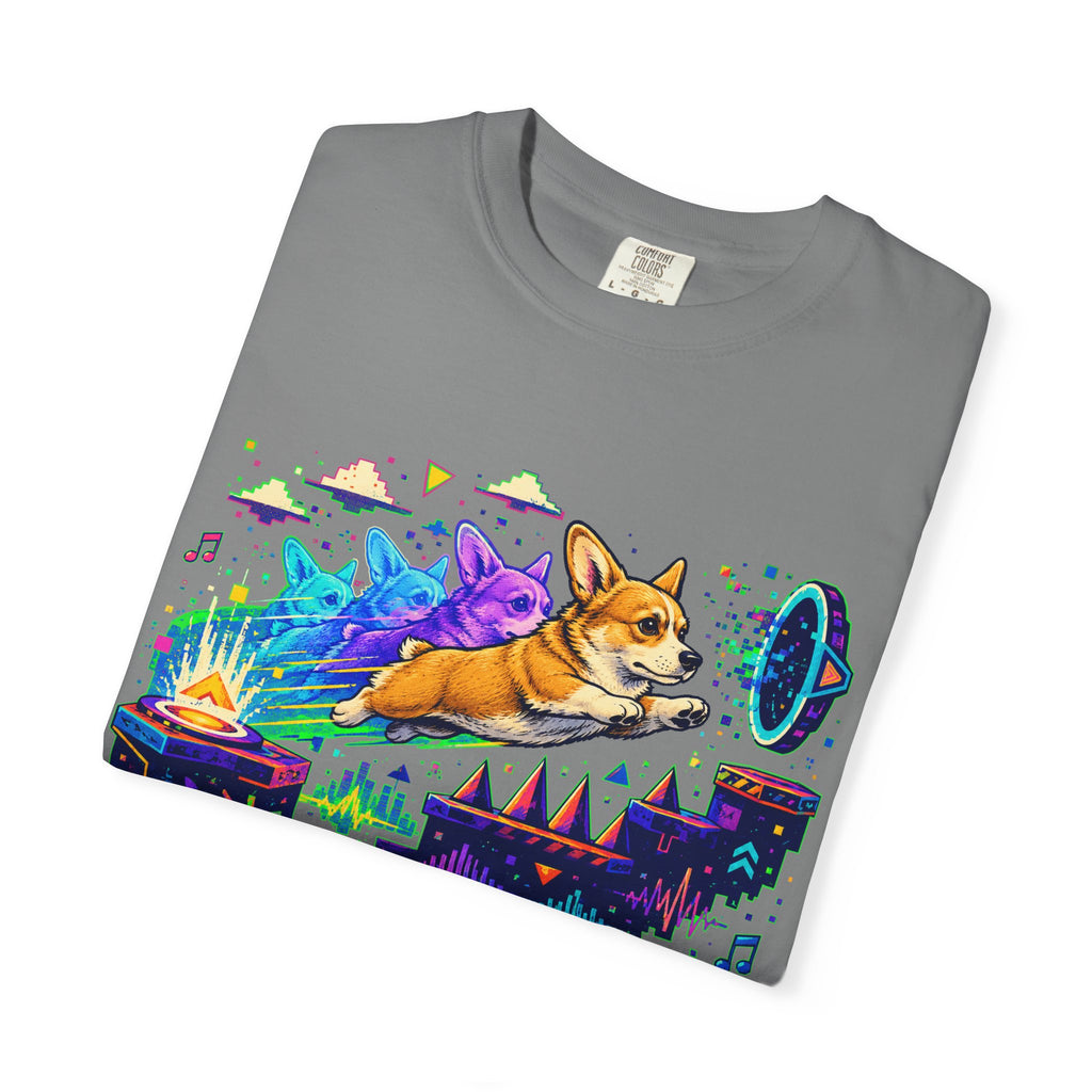Corgi Galaxy Surf T-Shirt — Colorful Space Adventure Tee