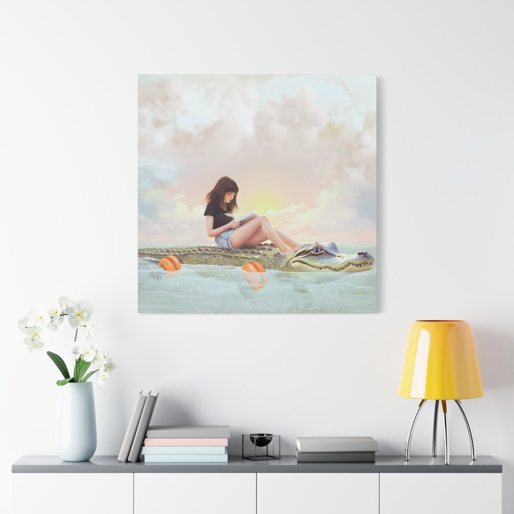 Girl Reading on Alligator Back Canvas | Matte Stretched Wall Art