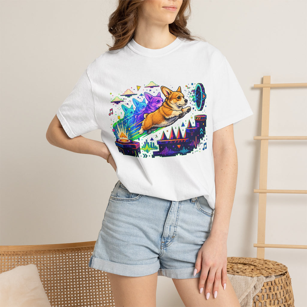 Corgi Galaxy Surf T-Shirt — Colorful Space Adventure Tee
