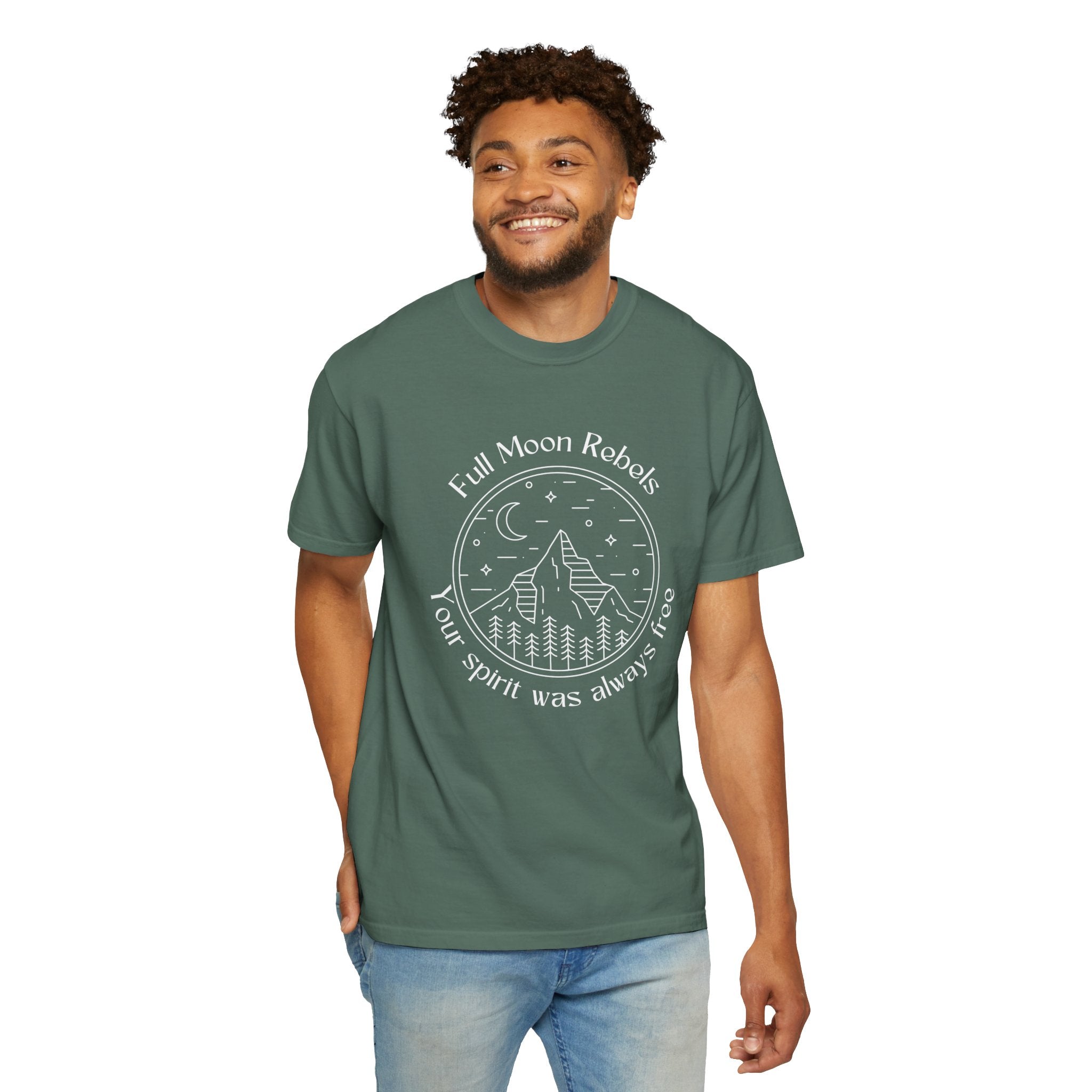 Full Moon Rebels mountain line art T-shirt | Your Spirit Was Always Free