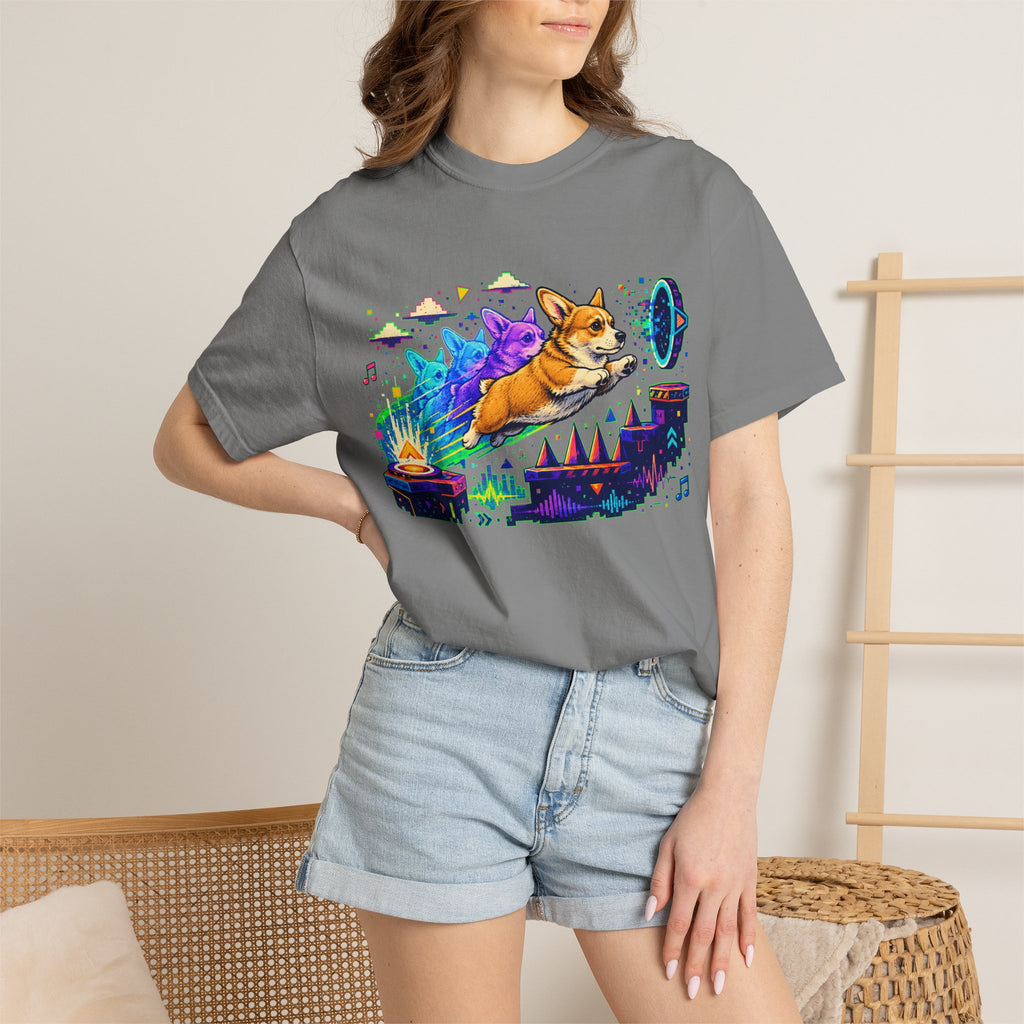Corgi Galaxy Surf T-Shirt — Colorful Space Adventure Tee