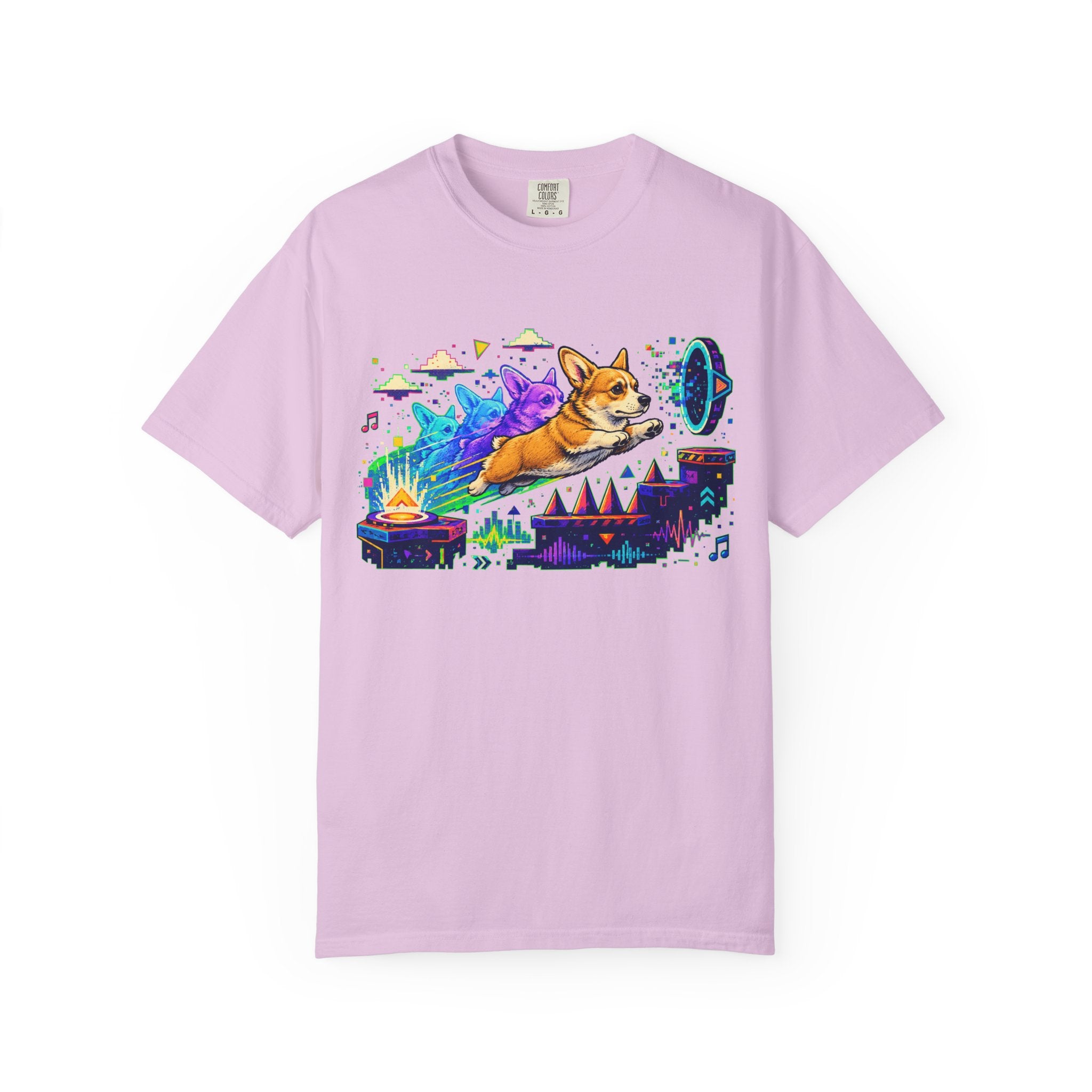 Corgi Galaxy Surf T-Shirt — Colorful Space Adventure Tee