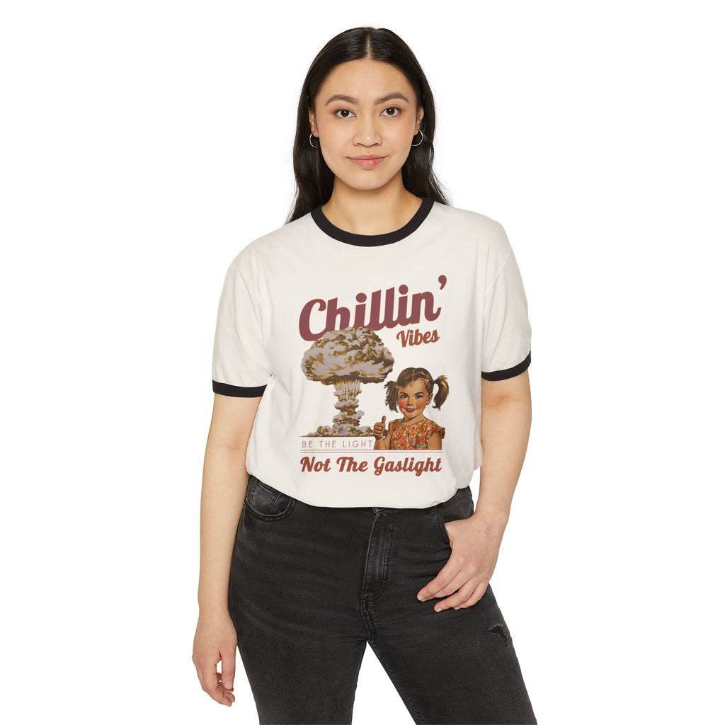 Chillin' Vibes Be The Light Not The Gaslight T-Shirt | Retro Mushroom Cloud Ringer