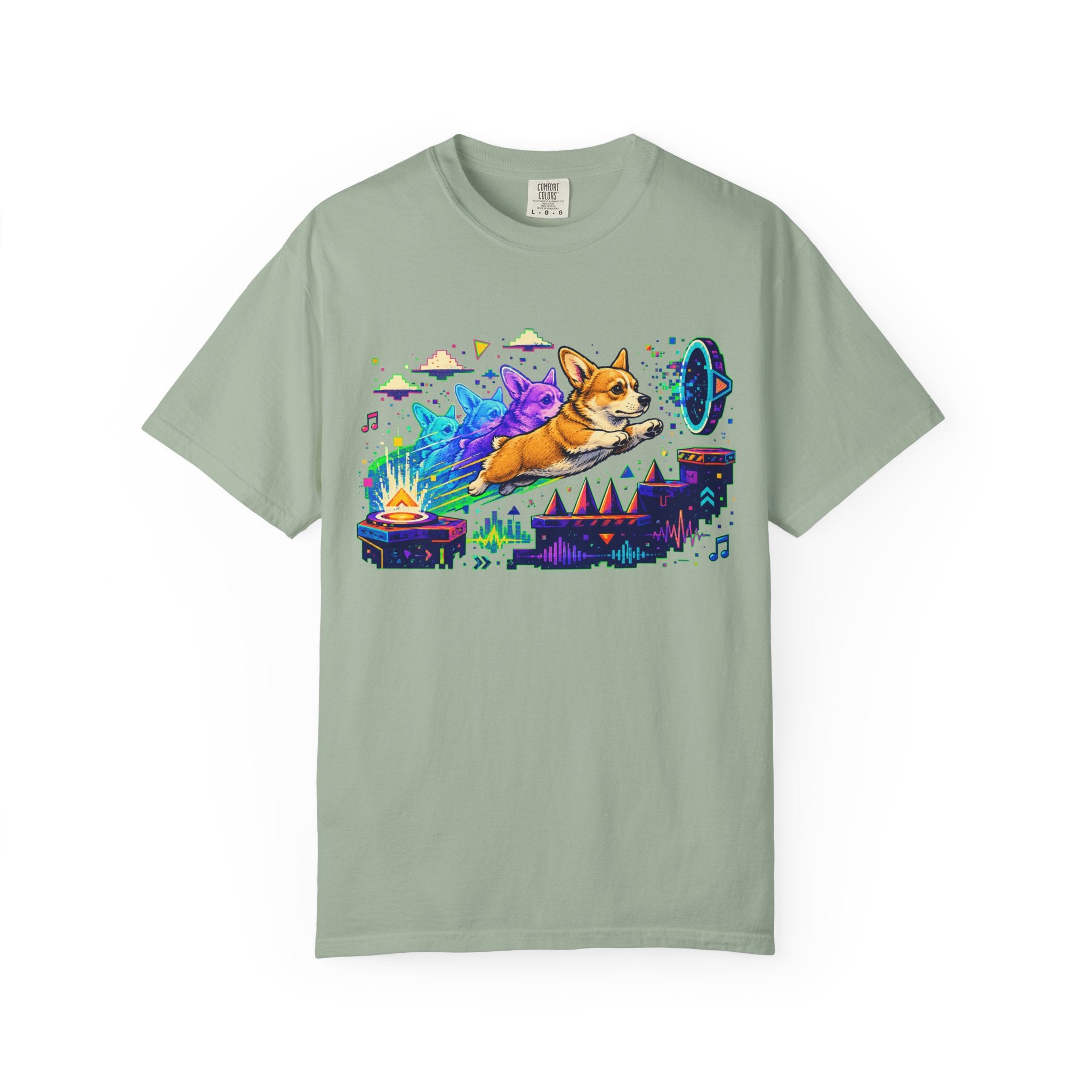 Corgi Galaxy Surf T-Shirt — Colorful Space Adventure Tee