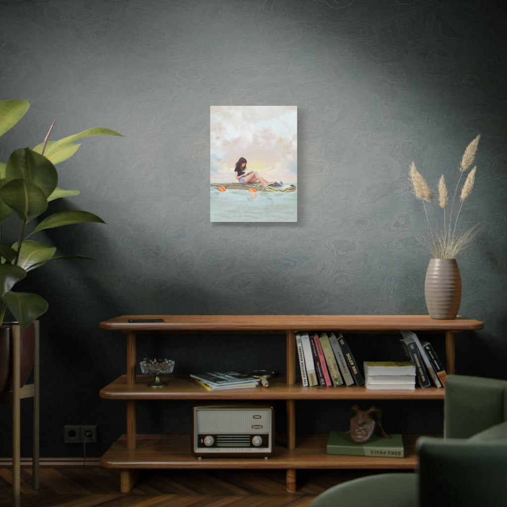 Girl Reading on Alligator Back Canvas | Matte Stretched Wall Art
