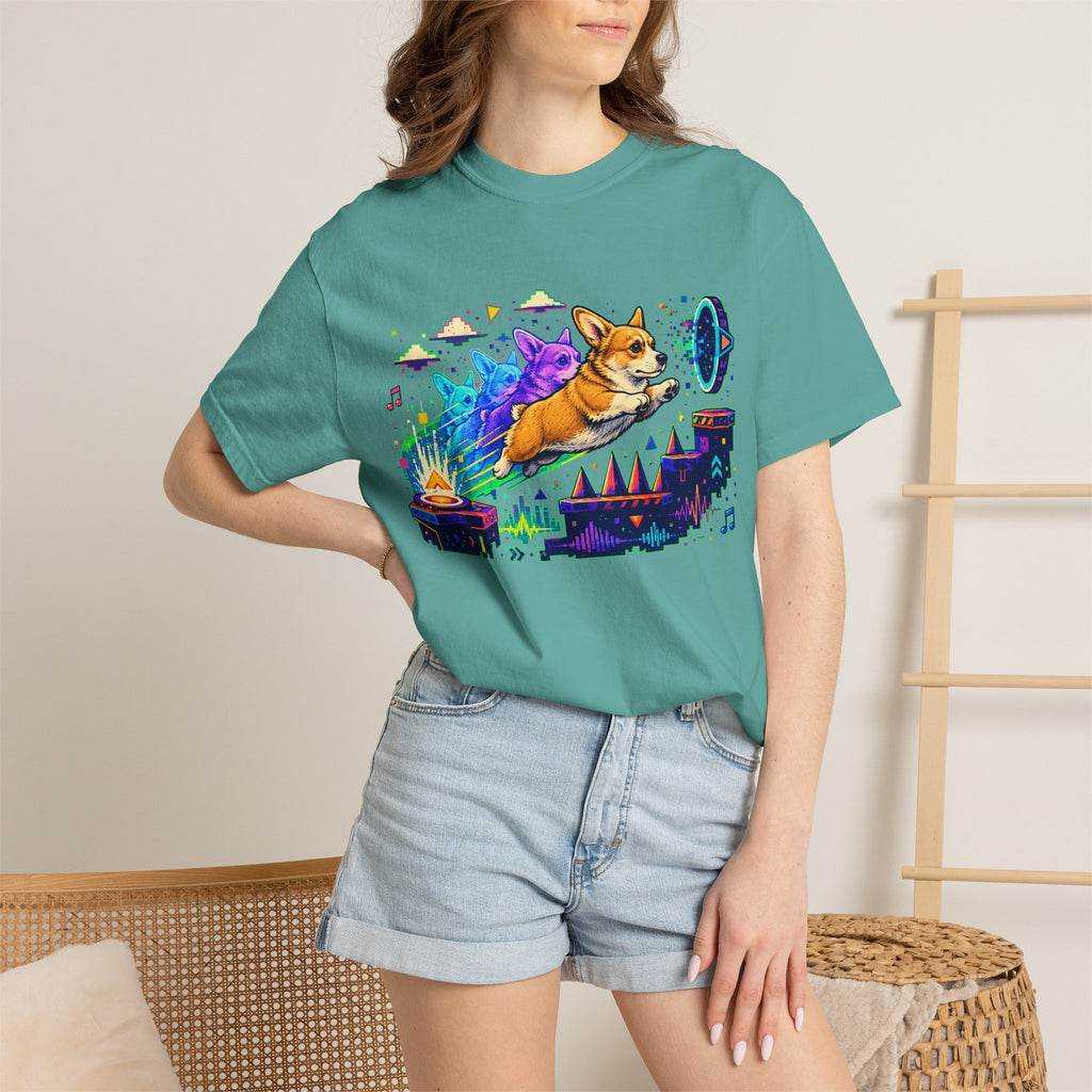Corgi Galaxy Surf T-Shirt — Colorful Space Adventure Tee