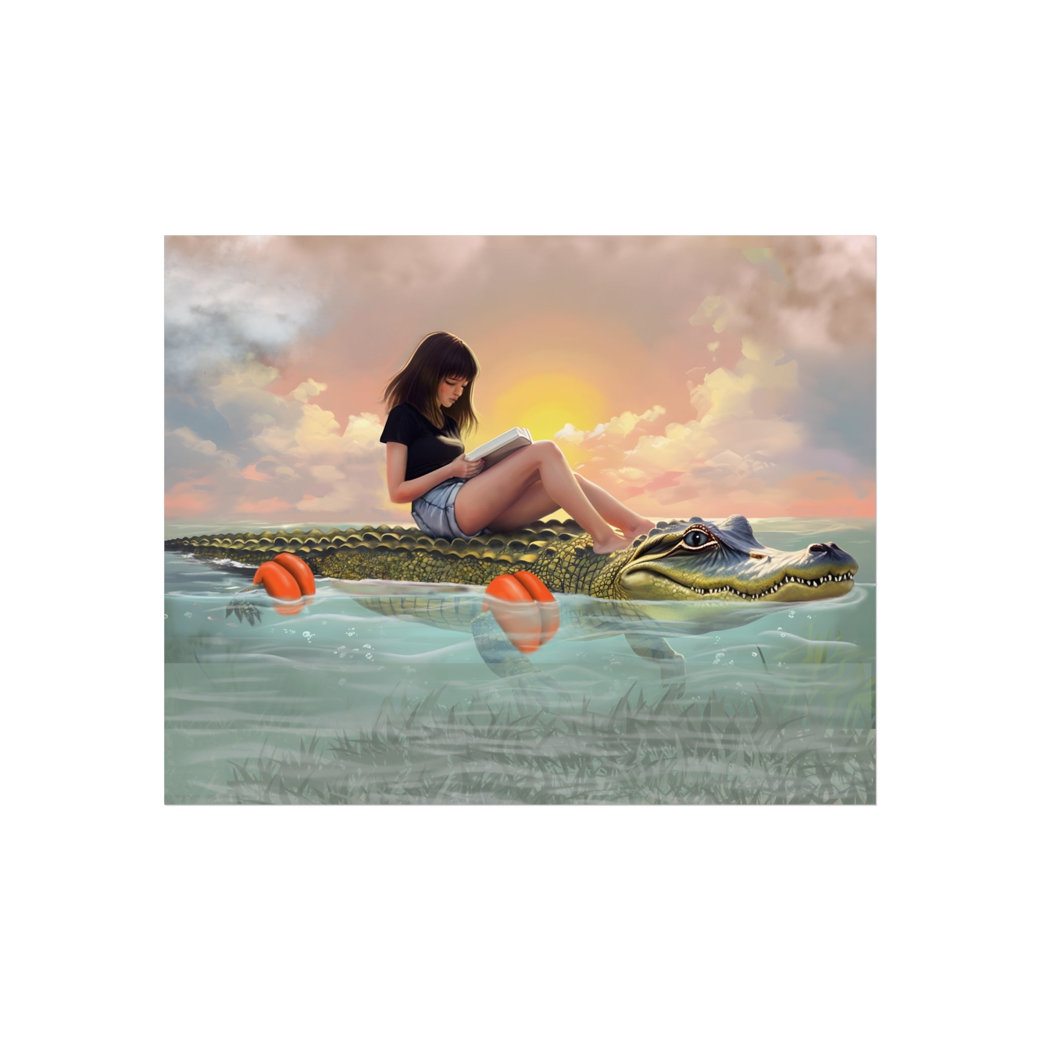 Colorful Girl Reading on Alligator Poster Fine Art Print | Surreal Sunset