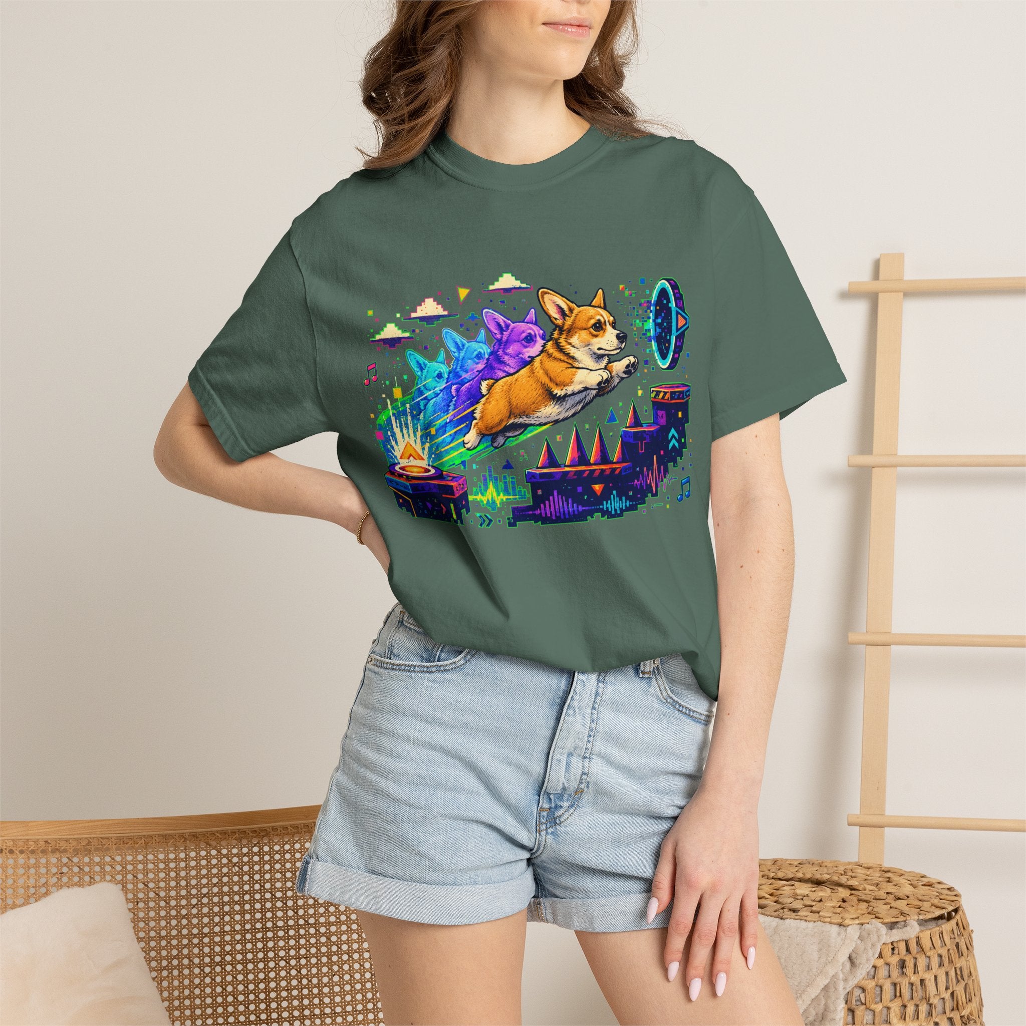 Corgi Galaxy Surf T-Shirt — Colorful Space Adventure Tee
