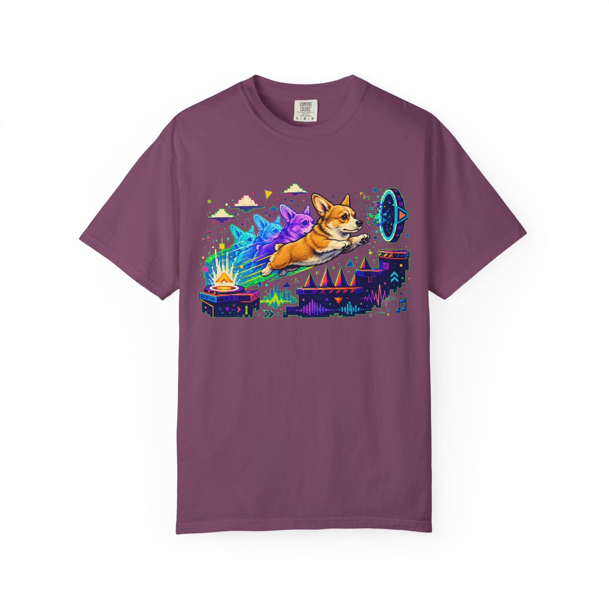 Corgi Galaxy Surf T-Shirt — Colorful Space Adventure Tee