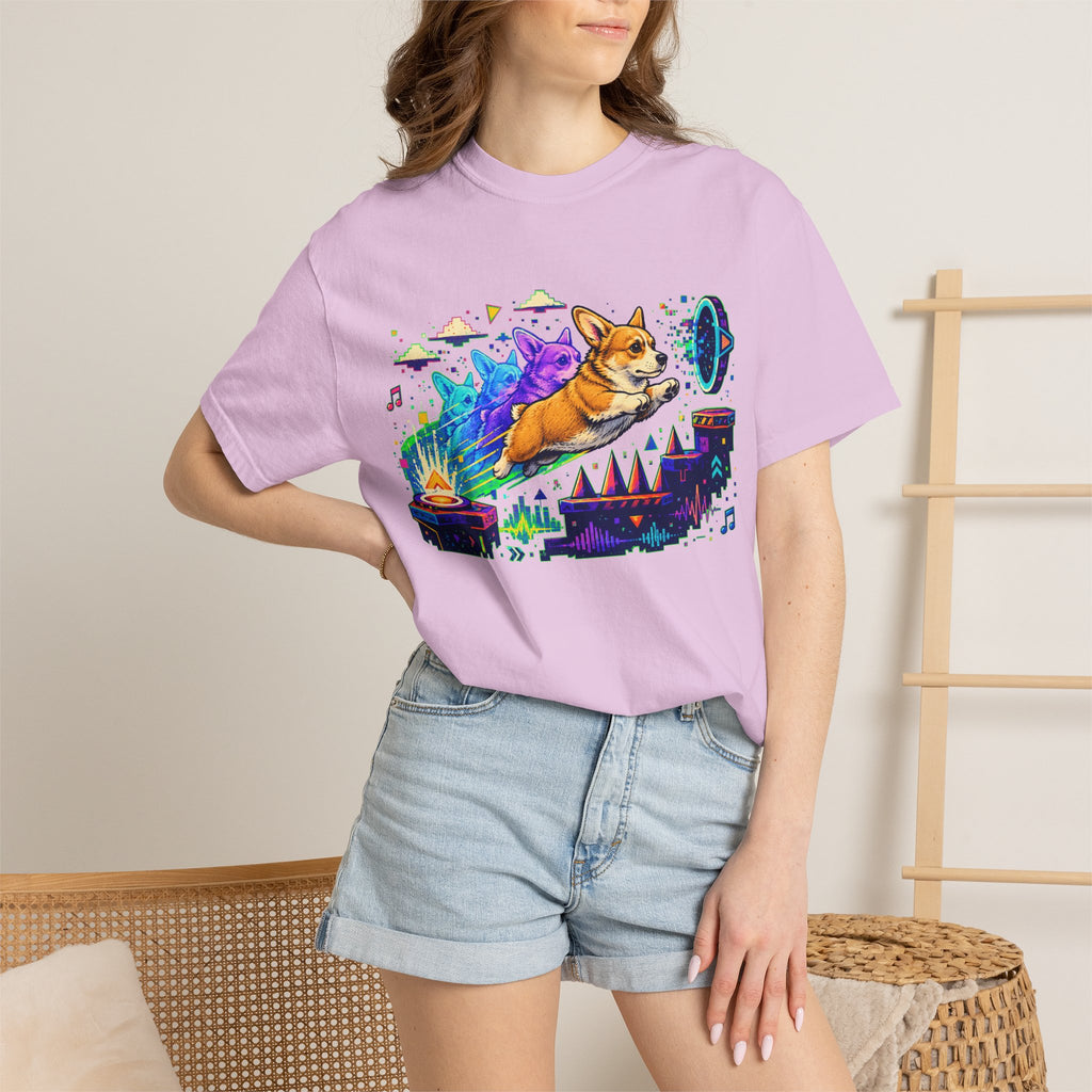 Corgi Galaxy Surf T-Shirt — Colorful Space Adventure Tee